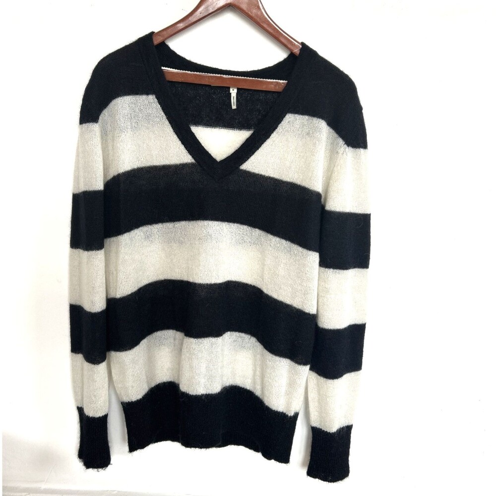 Skaist Taylor Women's Black/Ivory Striped V-Neck Mohair Blend Relaxed Sweater  M
